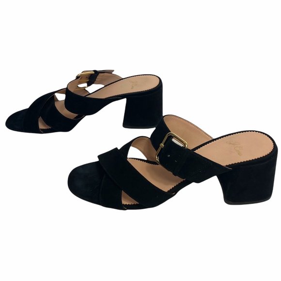 J.Crew Penny Slide Strappy Black Suede Mid Block Heeled Sandals‎ L0302 Size 9.5 - Picture 1 of 9